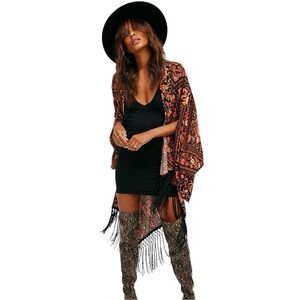 Spell and the Gypsy x Free People Kimono Babushka Fringe Roses Women one Size